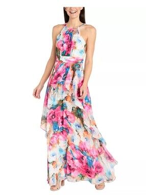 R&M Richards Floral Watercolor Maxi Dress Size 16 High Low Ruffle Formal $139